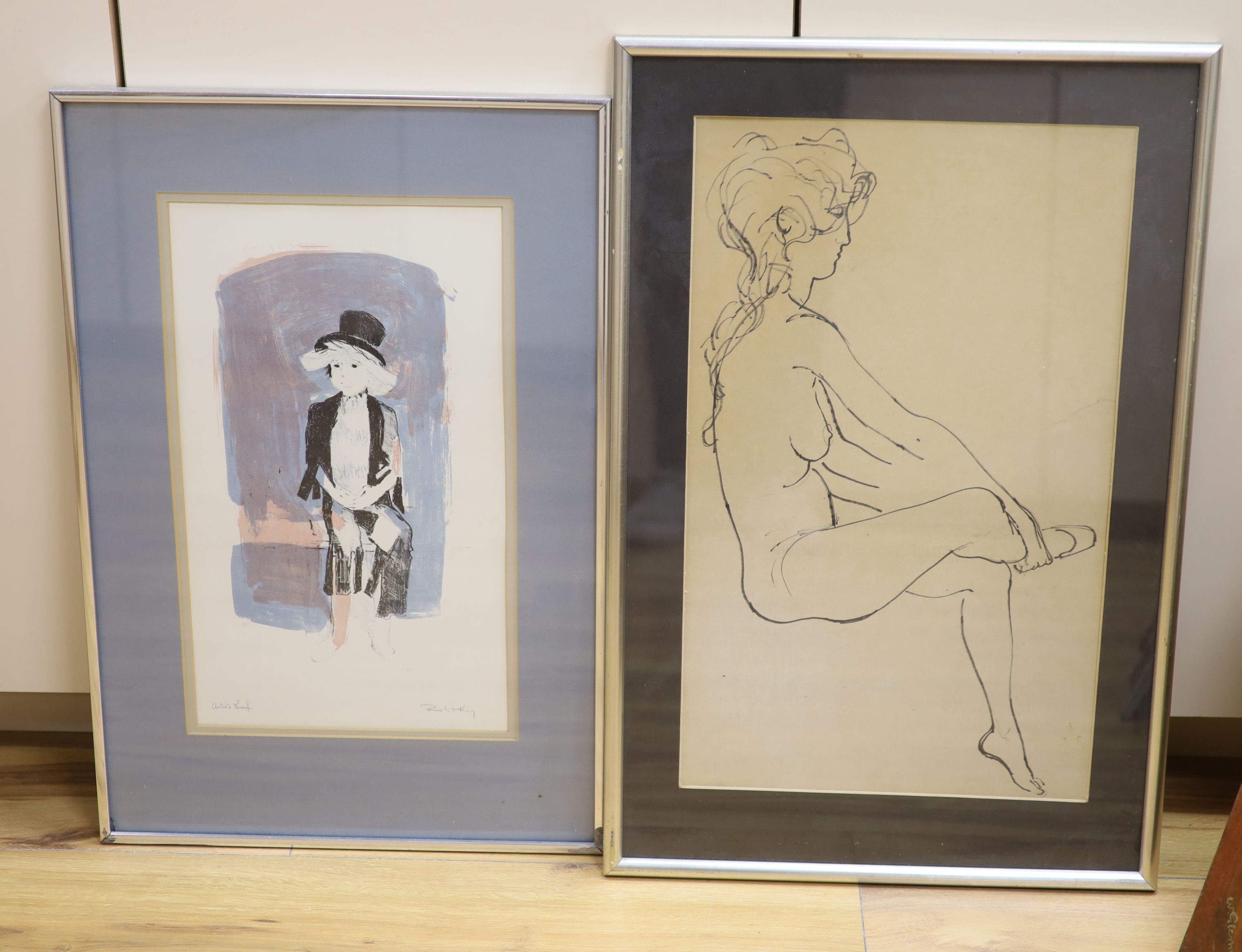 Modern British, pen and ink, Study of a seated nude, initialled R.S., 53 x 32cm and an artist proof print by Robert King, Study of a clown